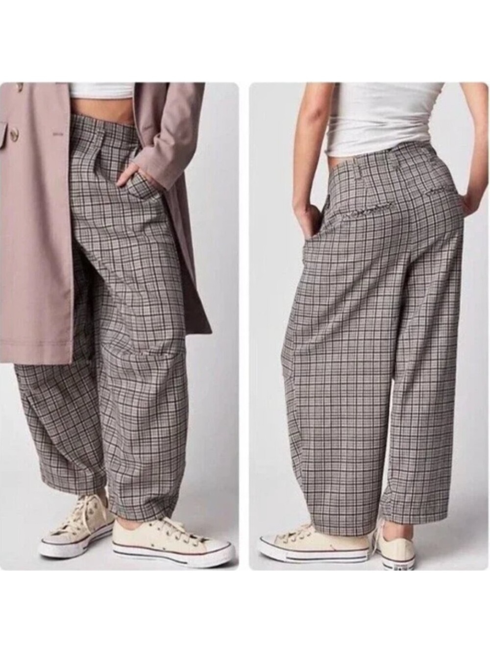 Free People Barrel Pants Turning Point Trouser Pants in Navy Blue Plaid Large